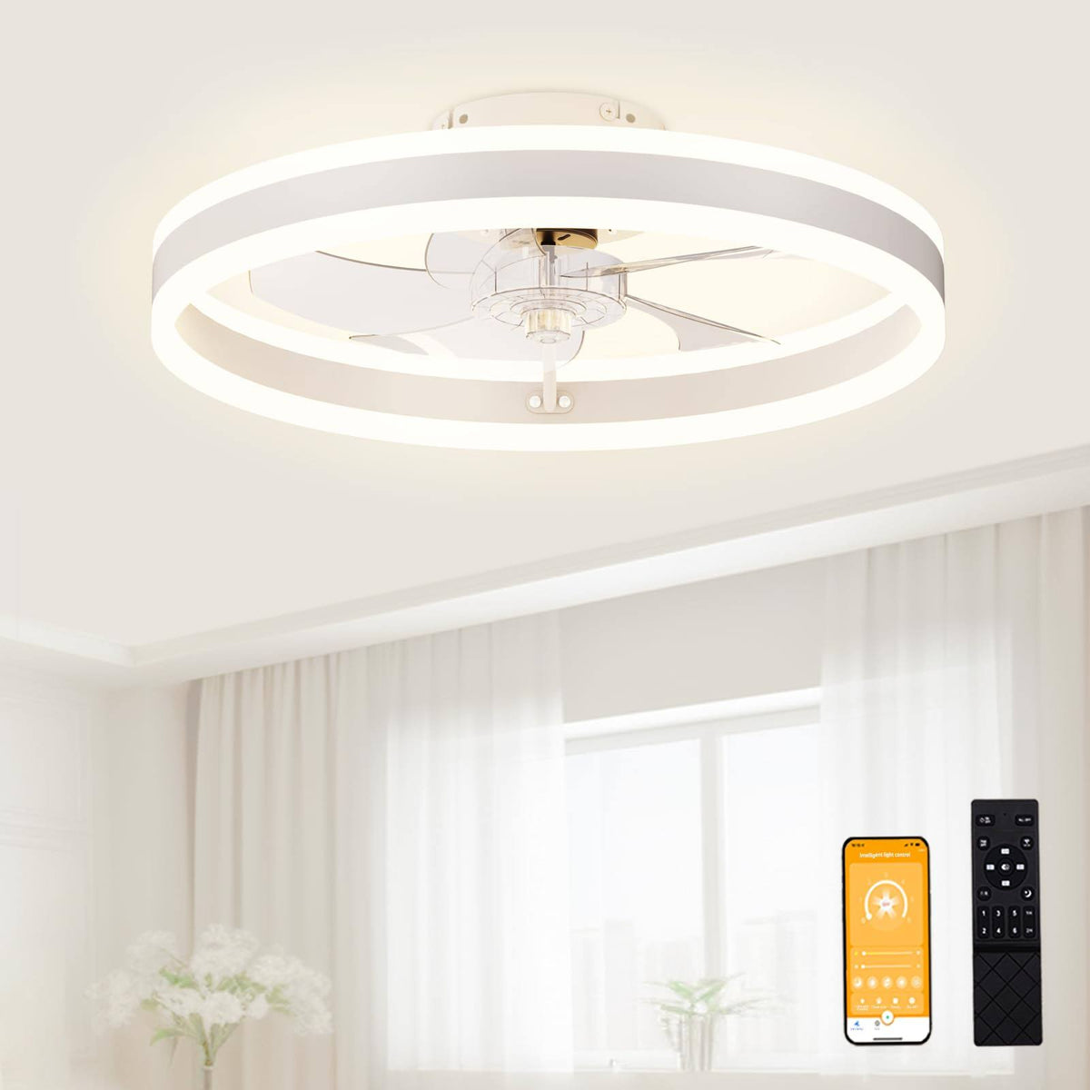 VOLISUN Low Profile Ceiling Fans with Light and Remote, 19.7in Modern Fandelier Ceiling Fan Light, 3000K 6500K Dimmable Flush Mount LED Fan Light